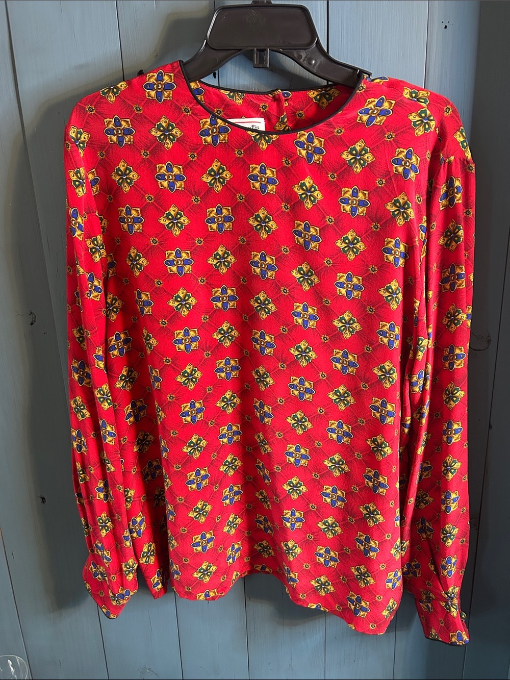 Vintage Talbots Red 100% Silk Blouse w/Navy Blue & Gold Print | Size 14